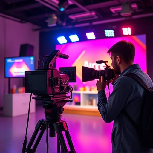 Camera crew filming a vibrant promotional video for a new product
