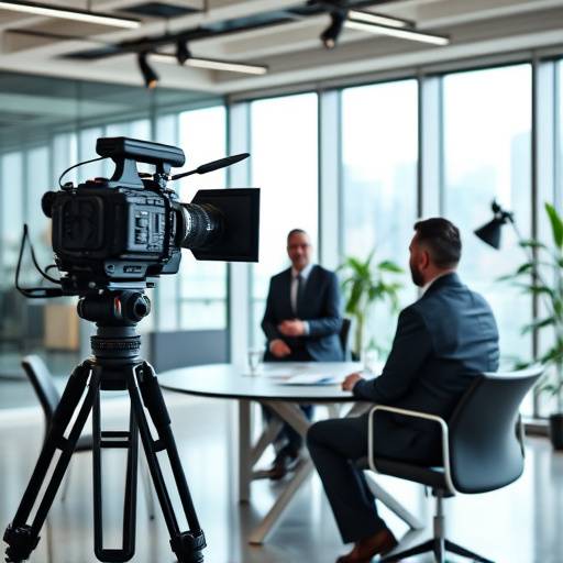 Team filming a corporate interview in a modern office setting