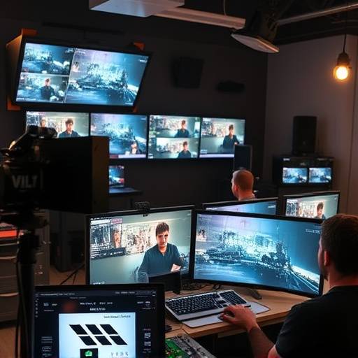 Video editor working on a professional editing suite with multiple screens